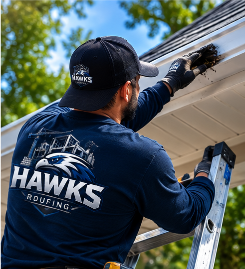Newly installed seamless gutter system by Hawks Roofing