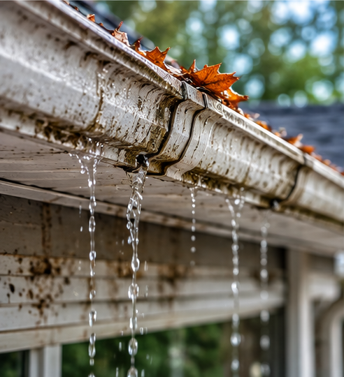 Hawks Roofing technician cleaning debris from a clogged gutter