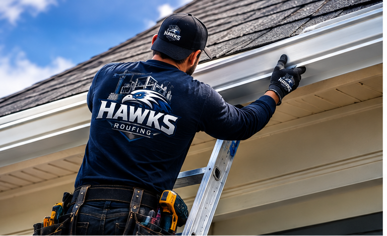 Hawks Roofing technician installing a new seamless gutter