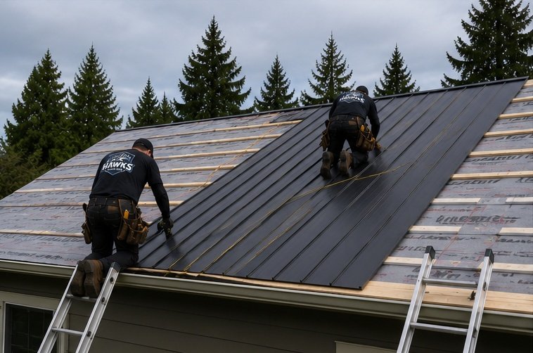 Hawks Roofing crew installing metal roof panels