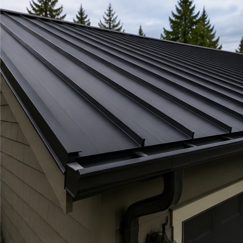 Close-up of standing-seam metal roof panels installed by Hawks Roofing