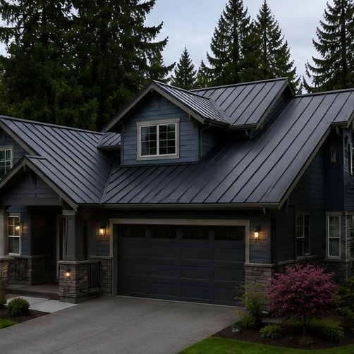 Home with a completed standing-seam metal roof installed by Hawks Roofing