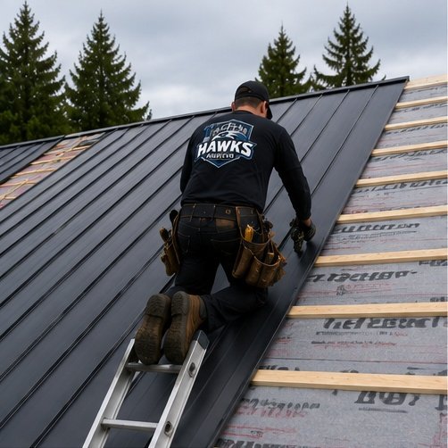 Hawks Roofing technician installing a standing-seam metal roof