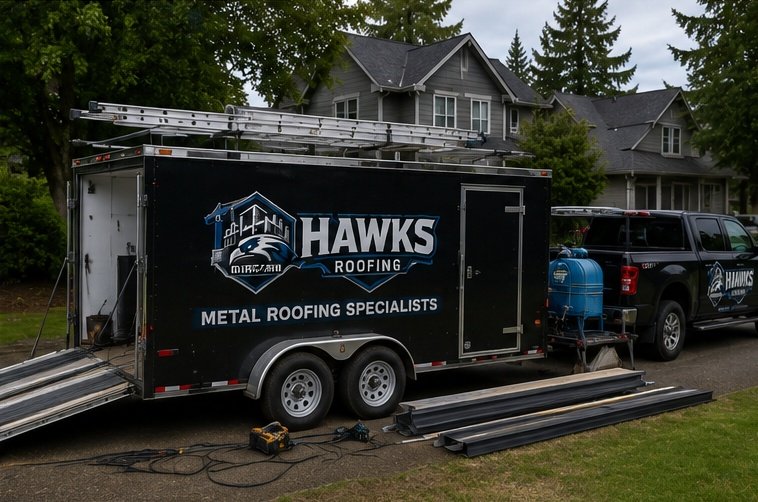 Hawks Roofing metal roofing specialists truck and equipment