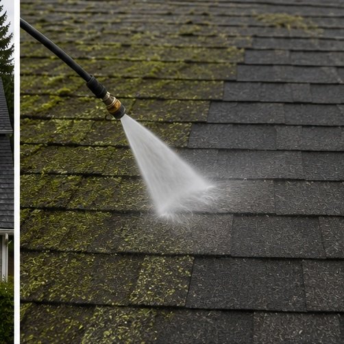 Close-up of low-pressure roof cleaning removing moss from shingles