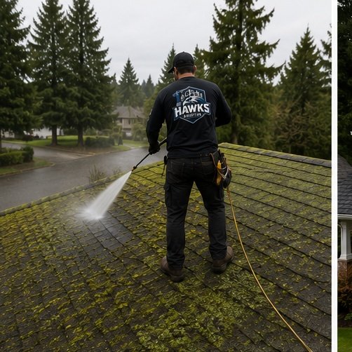 Hawks Roofing technician cleaning moss off a roof