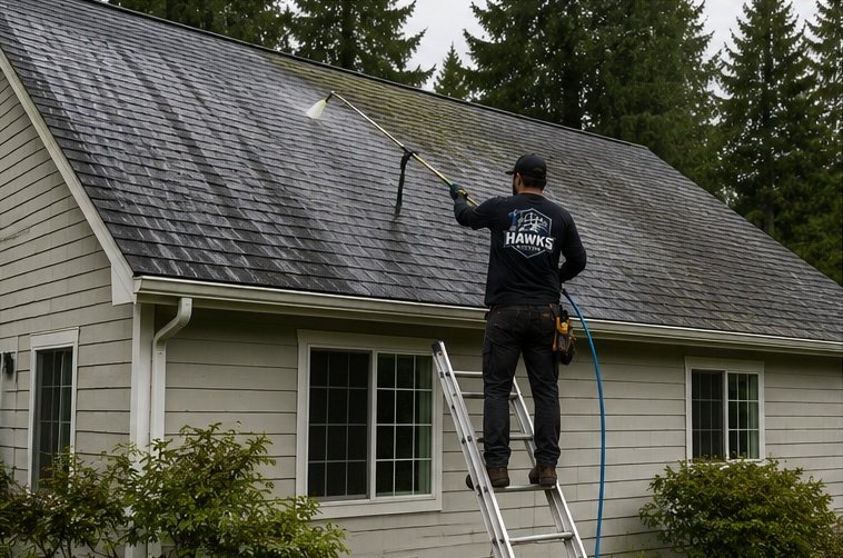 Hawks Roofing technician cleaning a roof from a ladder
