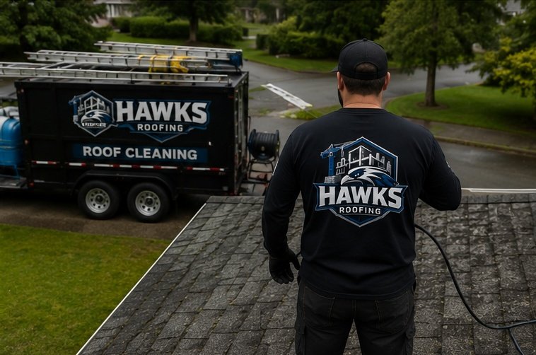 Hawks Roofing crew and equipment truck for roof cleaning service
