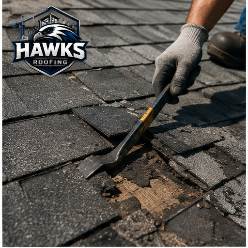 Close-up of a damaged shingle being pried up for repair