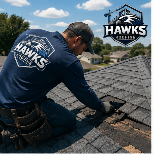 Hawks Roofing technician repairing damaged shingles on a roof