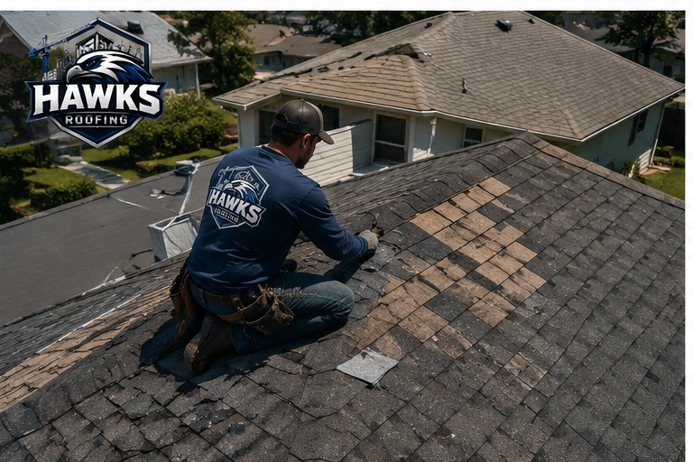Hawks Roofing technician patching a section of a shingle roof