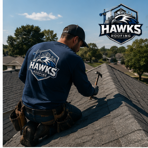 Hawks Roofing technician nailing down a shingle repair