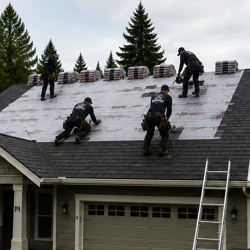 Hawks Roofing crew installing underlayment on a roof replacement