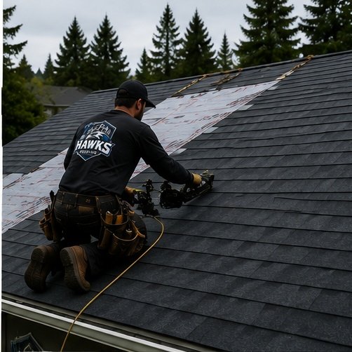 Hawks Roofing technician nailing down new shingles