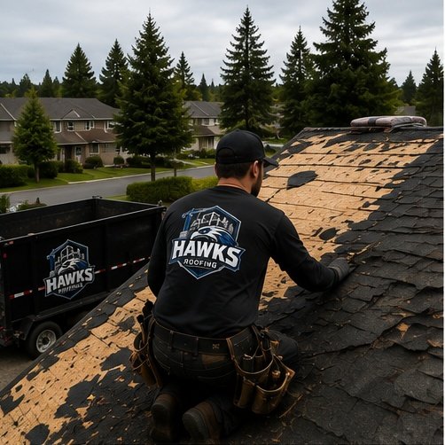 Hawks Roofing crew member installing new shingles during a roof replacement