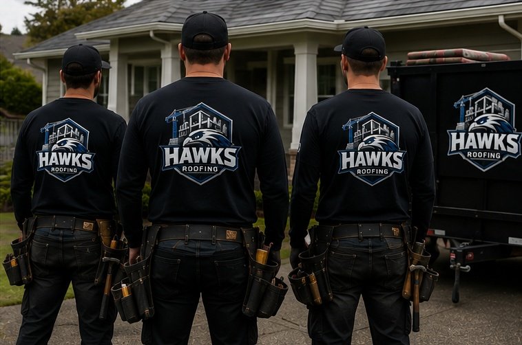 Hawks Roofing team standing in front of their work truck